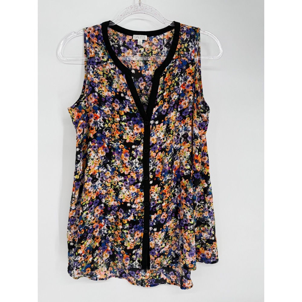Spense Womens Floral Sleeveless Blouse Split V-Neck Multicolor Sz M